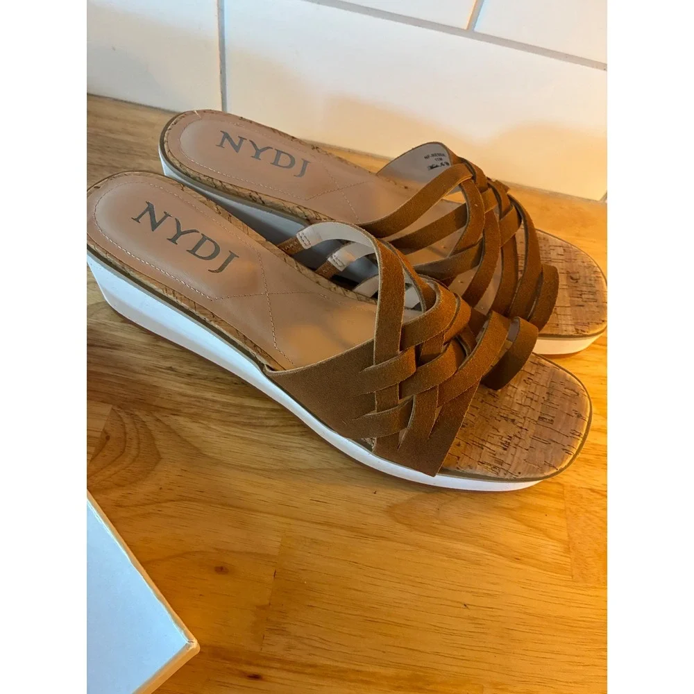NYDJ Ressie Cognac Suede Strappy Wedge Sandals NF-RESSIE Platform Slides 11M